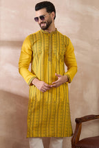 Yellow Silk Blend Embroidered Mandarin Collar Straight Kurta MKU2039