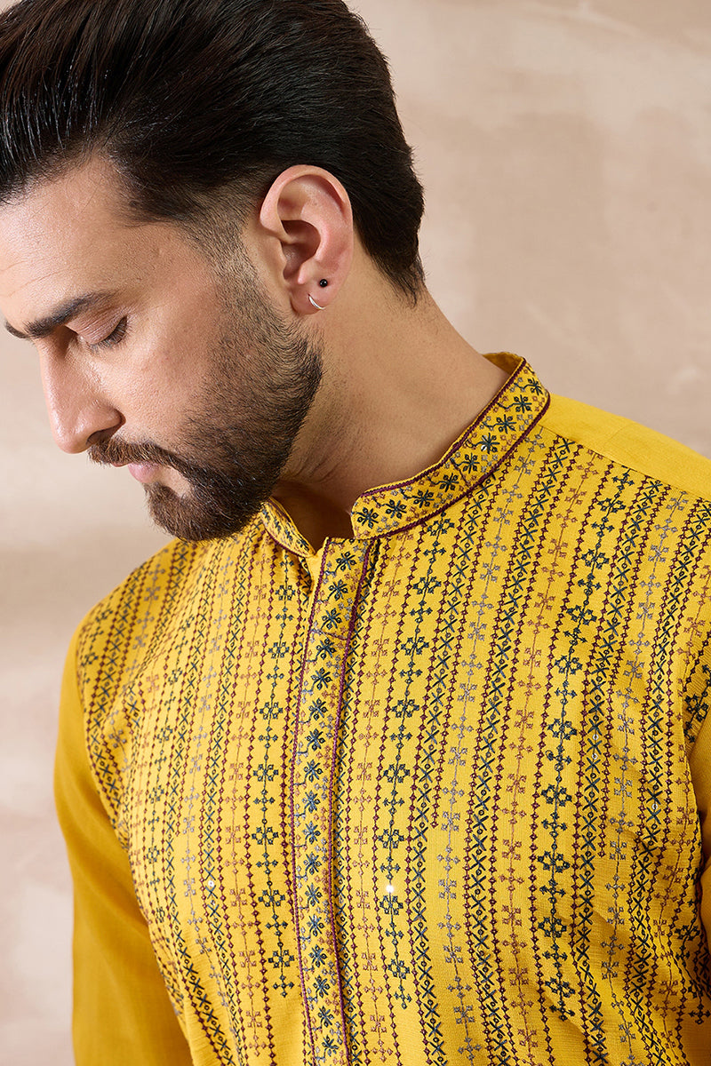 Yellow Silk Blend Embroidered Mandarin Collar Straight Kurta MKU2039