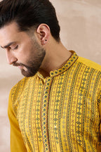 Yellow Silk Blend Embroidered Mandarin Collar Straight Kurta MKU2039