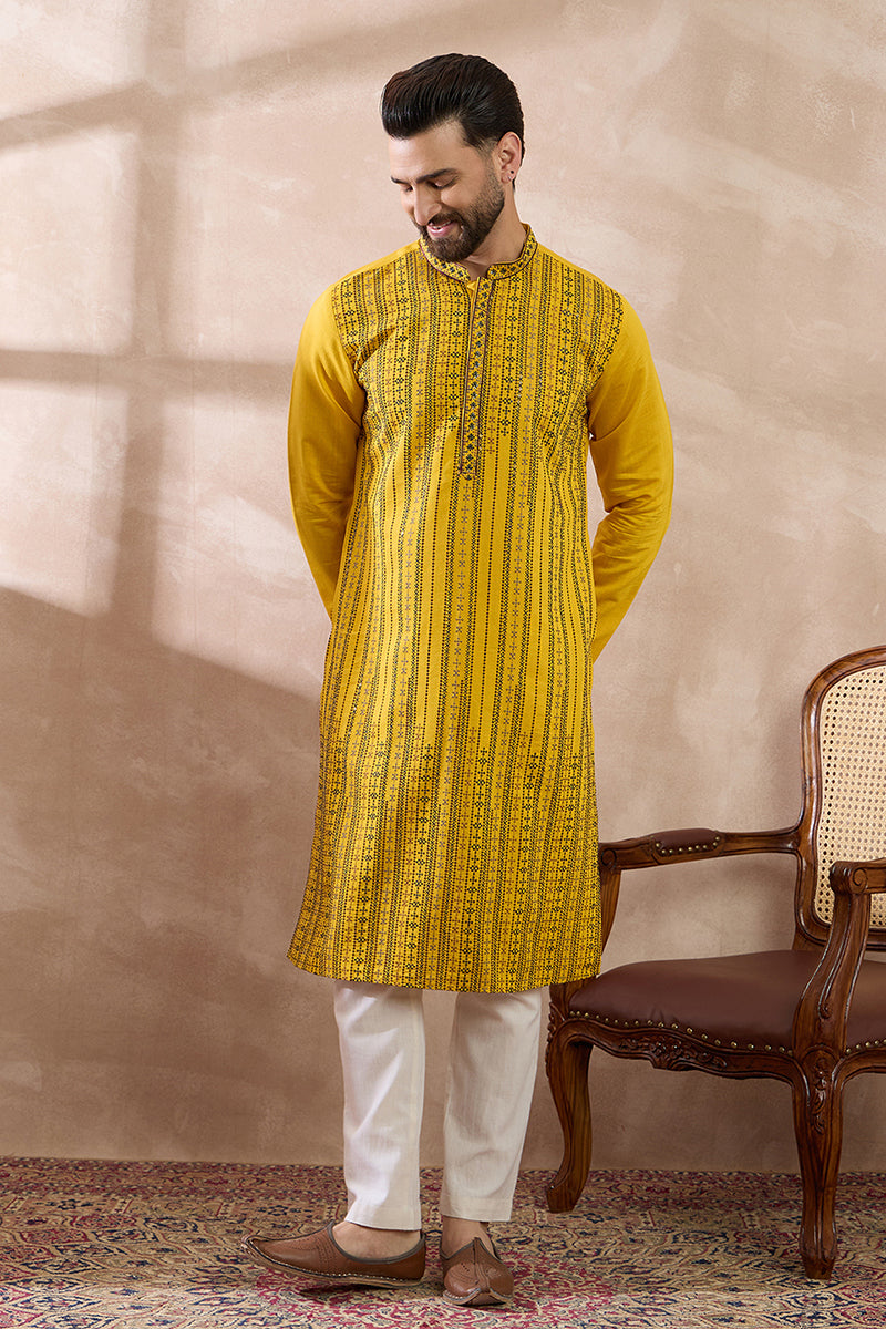 Yellow Silk Blend Embroidered Mandarin Collar Straight Kurta MKU2039
