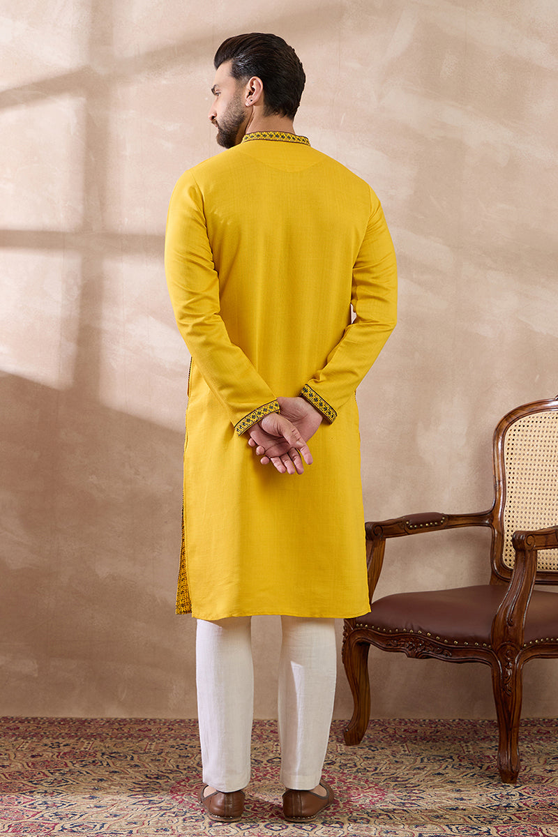 Yellow Silk Blend Embroidered Mandarin Collar Straight Kurta MKU2039