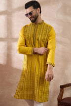 Yellow Silk Blend Embroidered Mandarin Collar Straight Kurta MKU2039