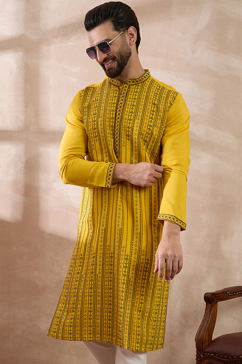 Yellow Silk Blend Embroidered Mandarin Collar Straight Kurta MKU2039