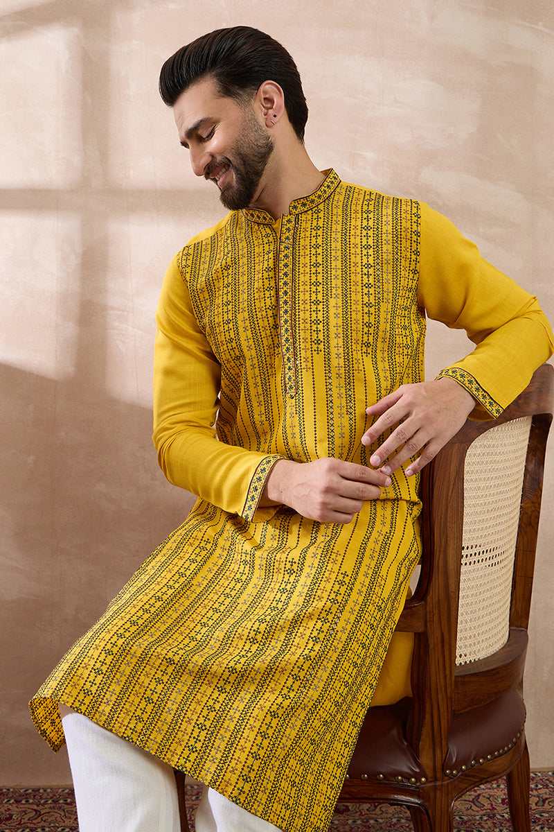Yellow Silk Blend Embroidered Mandarin Collar Straight Kurta MKU2039
