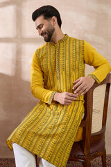 Yellow Silk Blend Embroidered Mandarin Collar Straight Kurta MKU2039