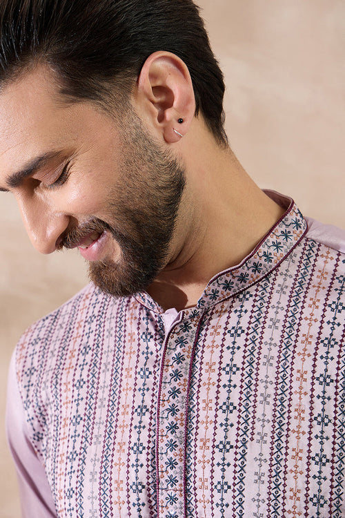 Lavender Silk Blend Embroidered Mandarin Collar Straight Kurta MKU2041