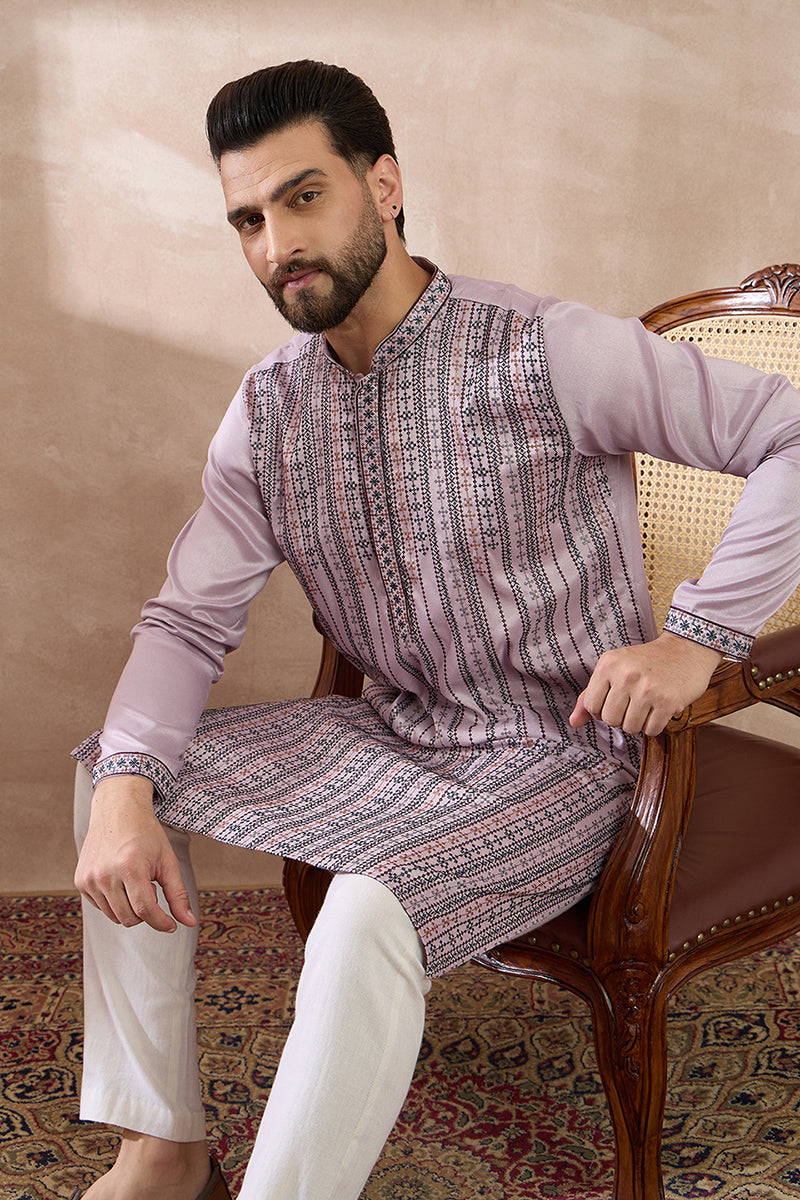 Lavender Silk Blend Embroidered Mandarin Collar Straight Kurta MKU2041