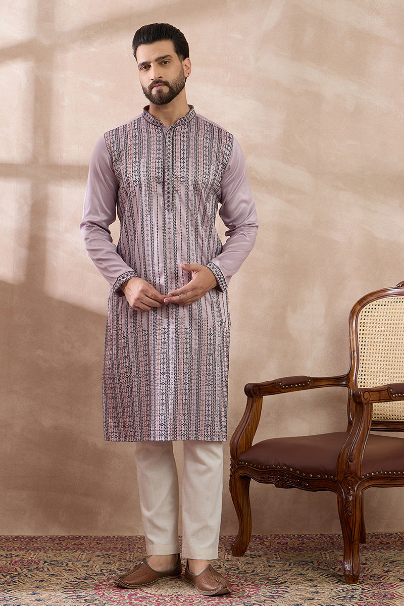 Lavender Silk Blend Embroidered Mandarin Collar Straight Kurta MKU2041