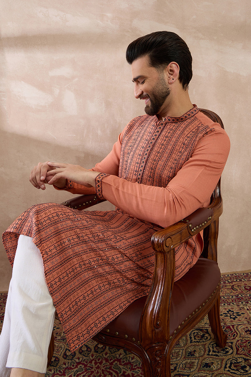 Orange Silk Blend Embroidered Mandarin Collar Straight Kurta MKU2043