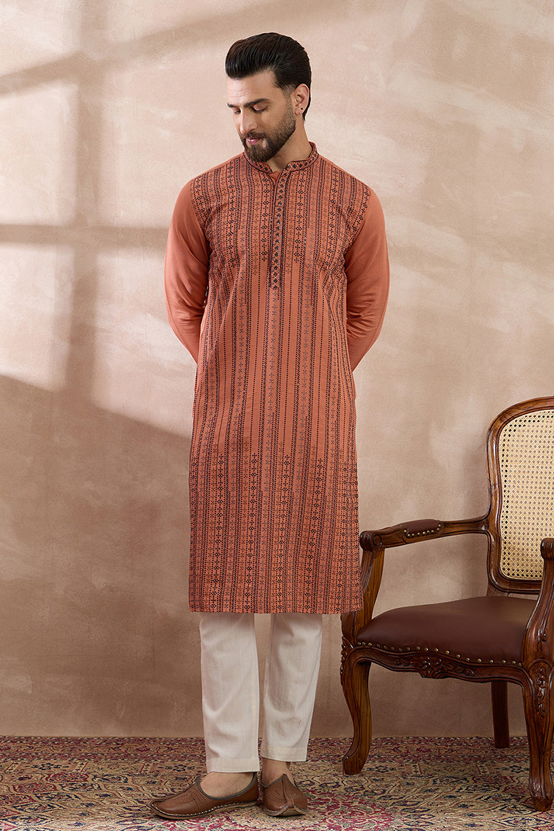 Orange Silk Blend Embroidered Mandarin Collar Straight Kurta MKU2043