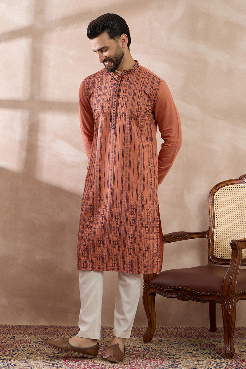 Orange Silk Blend Embroidered Mandarin Collar Straight Kurta MKU2043