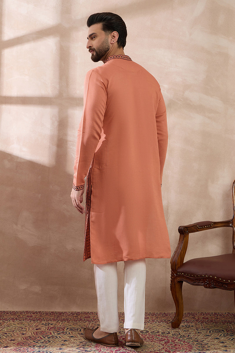 Orange Silk Blend Embroidered Mandarin Collar Straight Kurta MKU2043