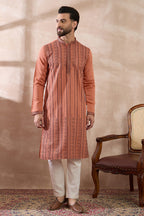 Orange Silk Blend Embroidered Mandarin Collar Straight Kurta MKU2043