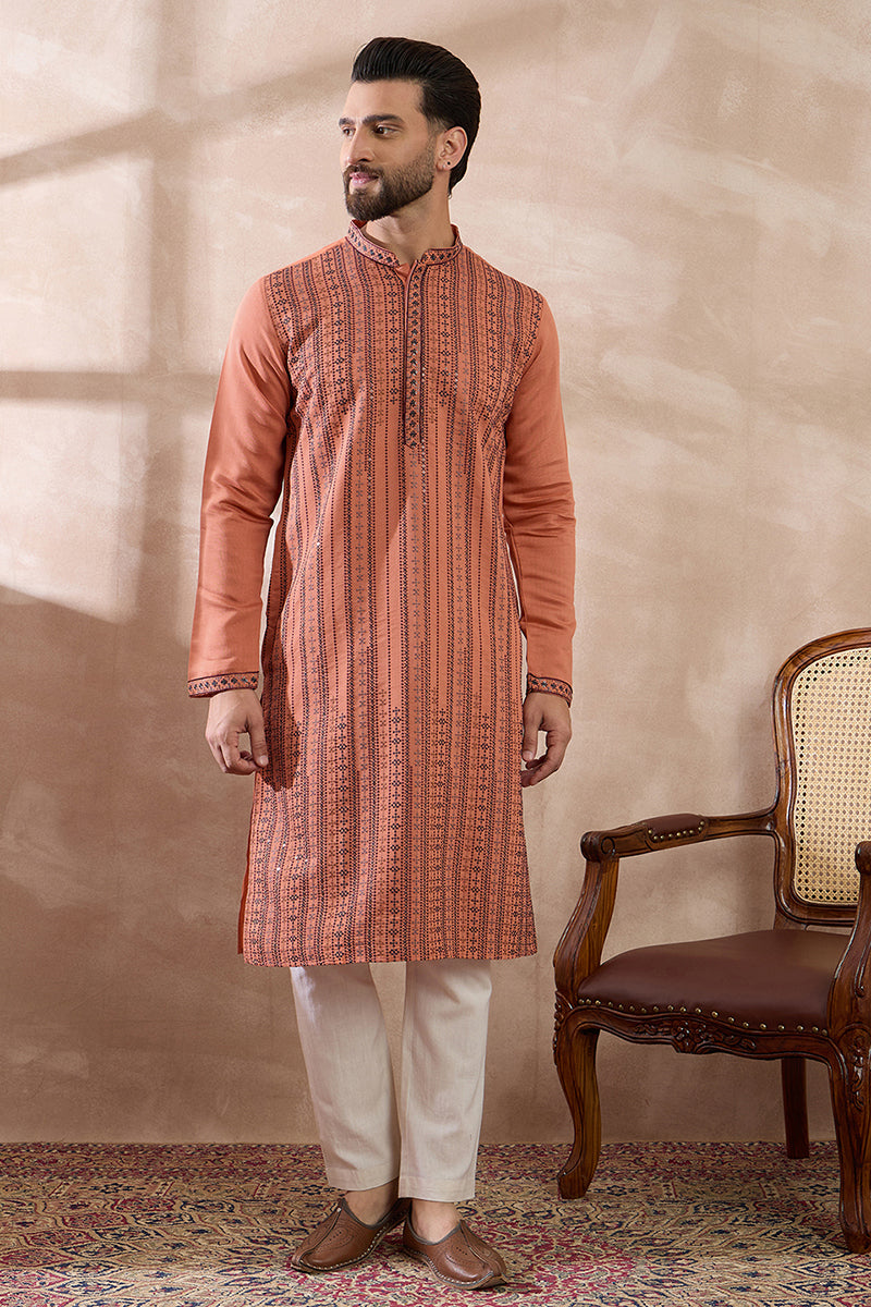 Orange Silk Blend Embroidered Mandarin Collar Straight Kurta MKU2043