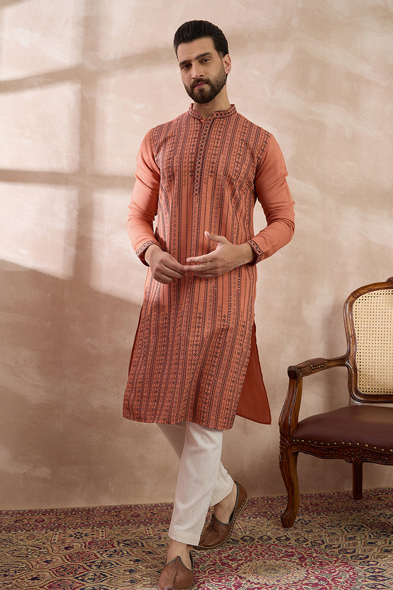 Orange Silk Blend Embroidered Mandarin Collar Straight Kurta MKU2043