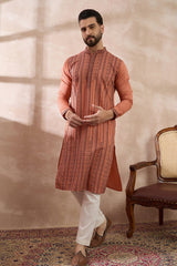 Orange Silk Blend Embroidered Mandarin Collar Straight Kurta MKU2043