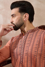 Orange Silk Blend Embroidered Mandarin Collar Straight Kurta MKU2043