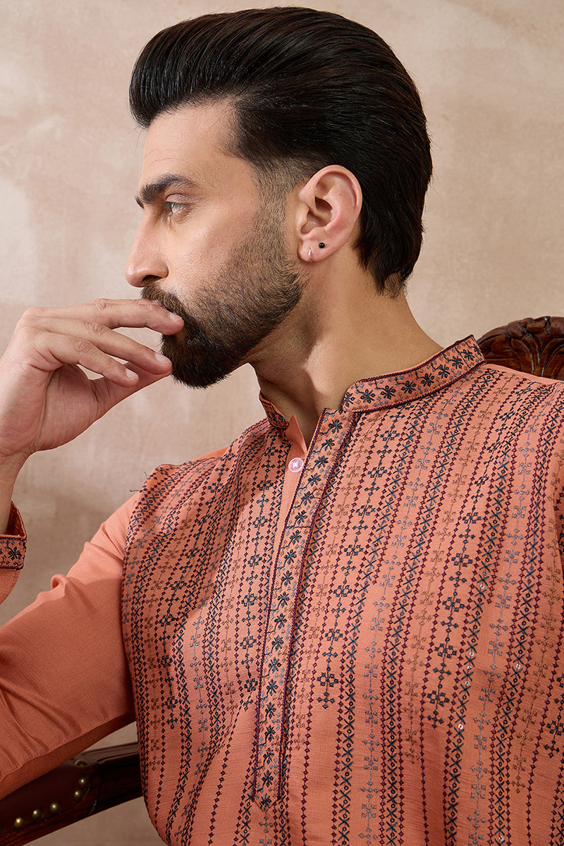Orange Silk Blend Embroidered Mandarin Collar Straight Kurta MKU2043