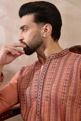 Orange Silk Blend Embroidered Mandarin Collar Straight Kurta MKU2043