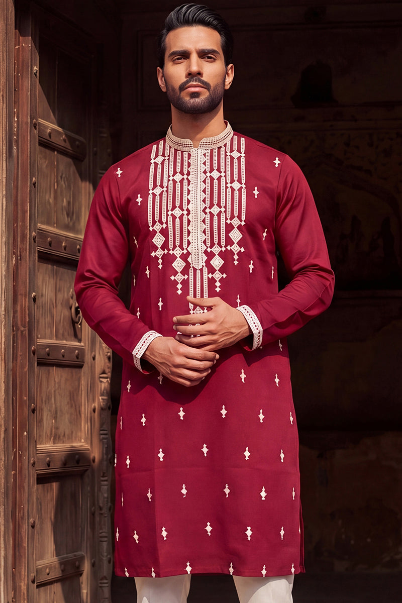 Maroon Silk Blend Embroidered Straight Kurta With Trousers MKSET2049