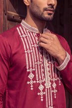 Maroon Silk Blend Embroidered Straight Kurta With Trousers MKSET2049