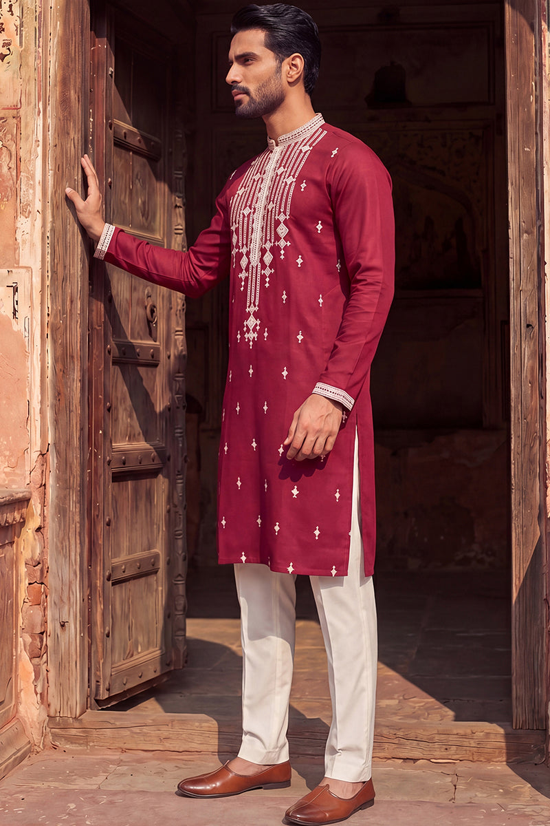 Maroon Silk Blend Embroidered Straight Kurta MKU2049