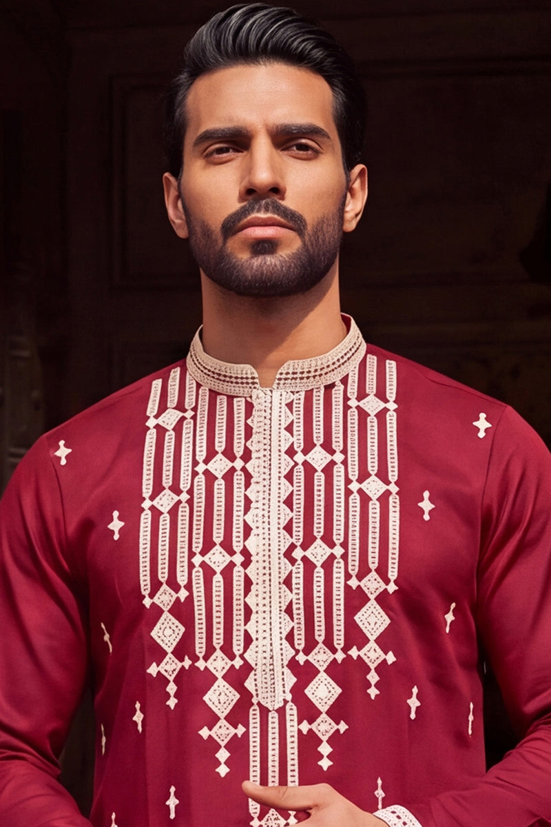 Maroon Silk Blend Embroidered Straight Kurta With Trousers MKSET2049