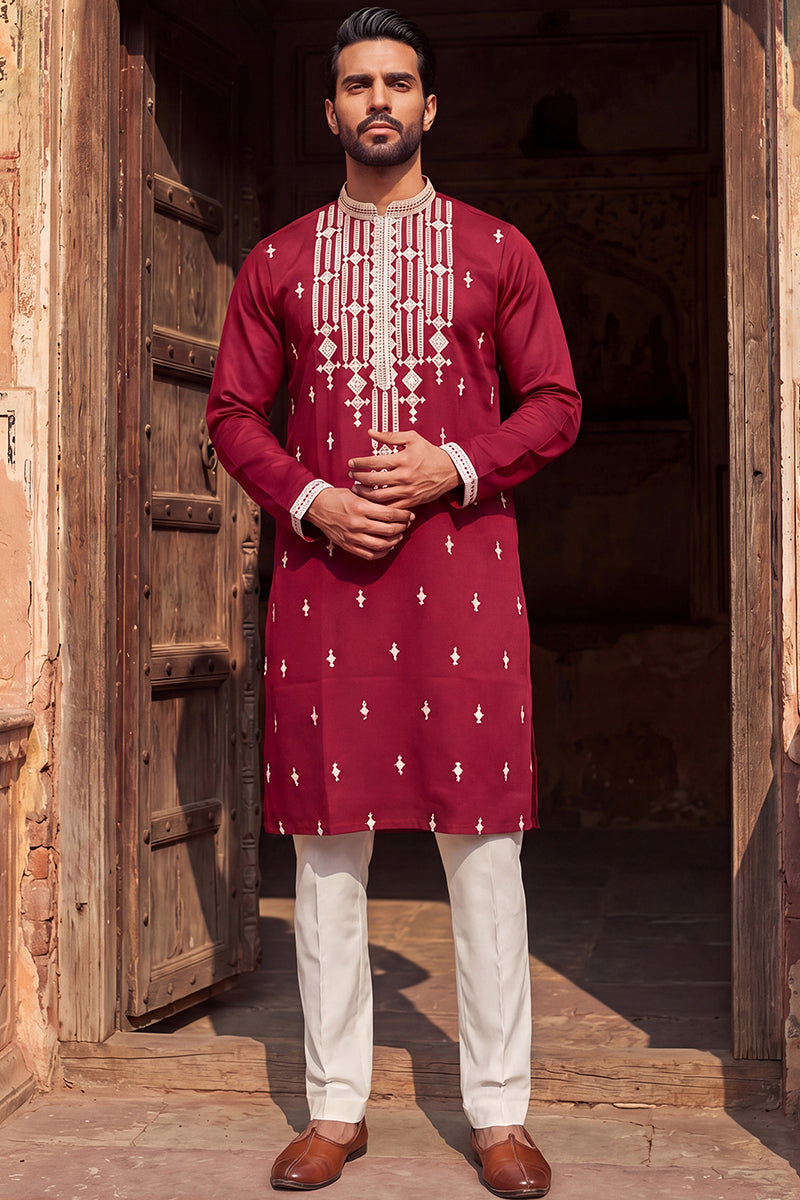 Maroon Silk Blend Embroidered Straight Kurta MKU2049