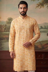 Yellow Cotton Blend Chevron Embroidered Kurta MKU2066