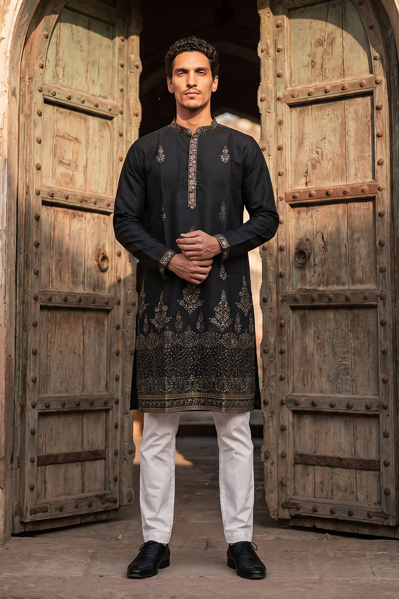 Black Silk Blend Embroidered Straight Kurta Sets MKSET2072