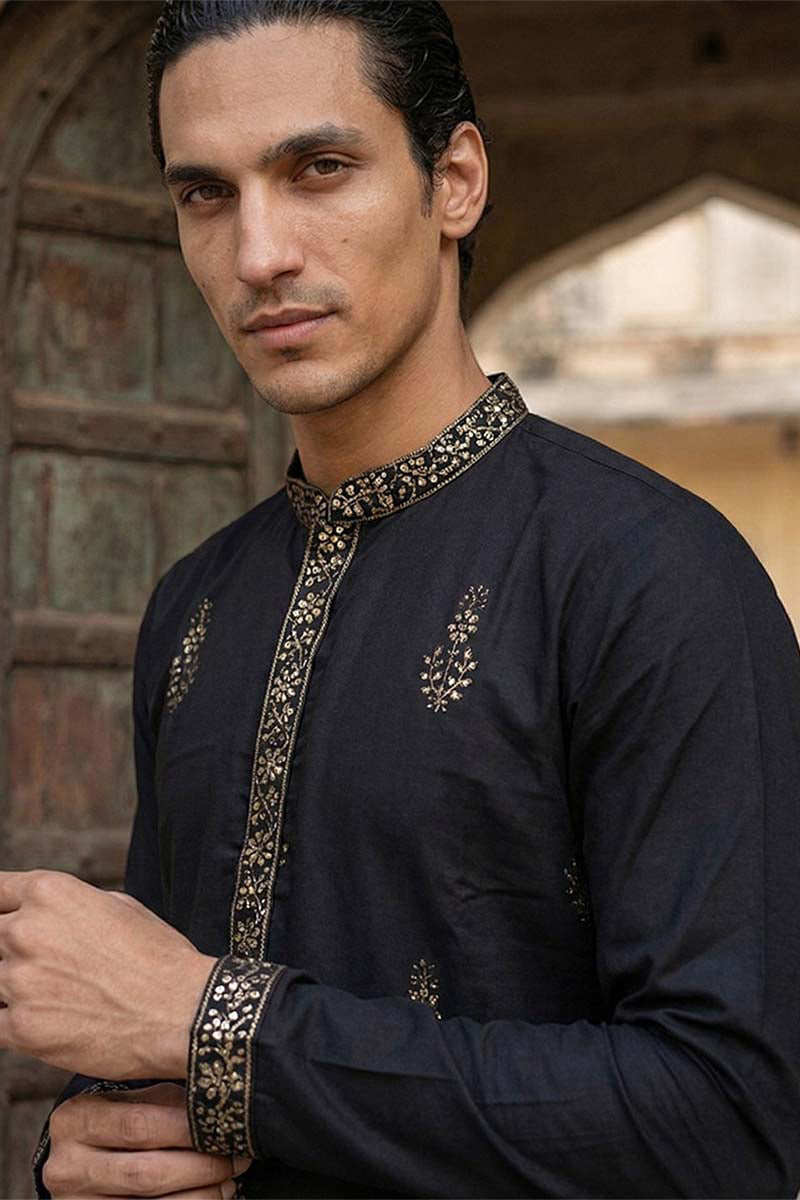Black Silk Blend Embroidered Straight Kurta MKU2072