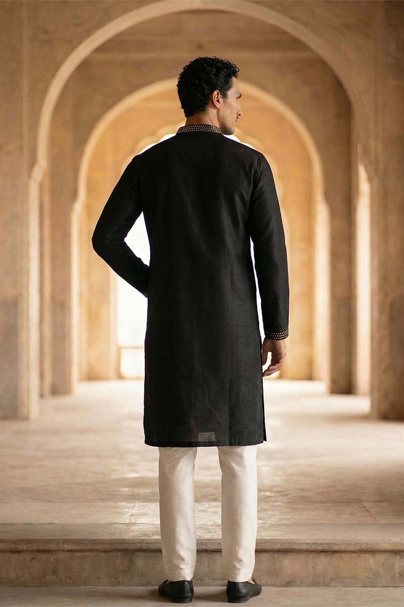 Black Silk Blend Embroidered Straight Kurta MKU2072