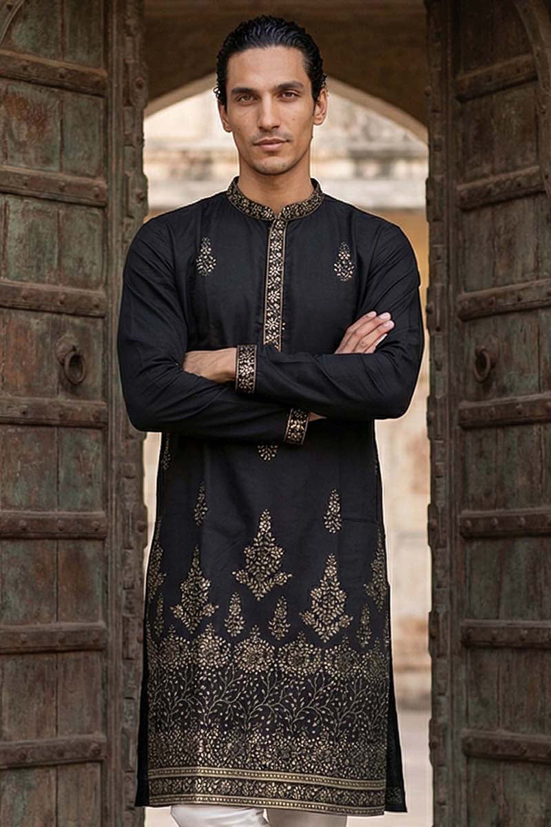 Black Silk Blend Embroidered Straight Kurta Sets MKSET2072