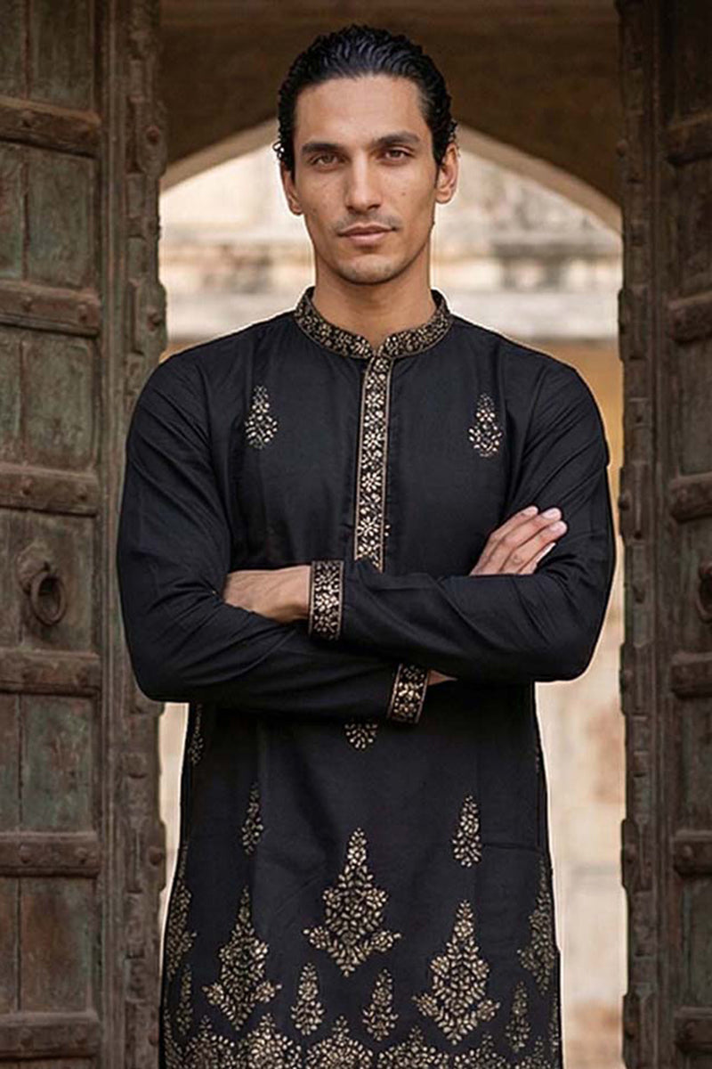 Black Silk Blend Embroidered Straight Kurta MKU2072