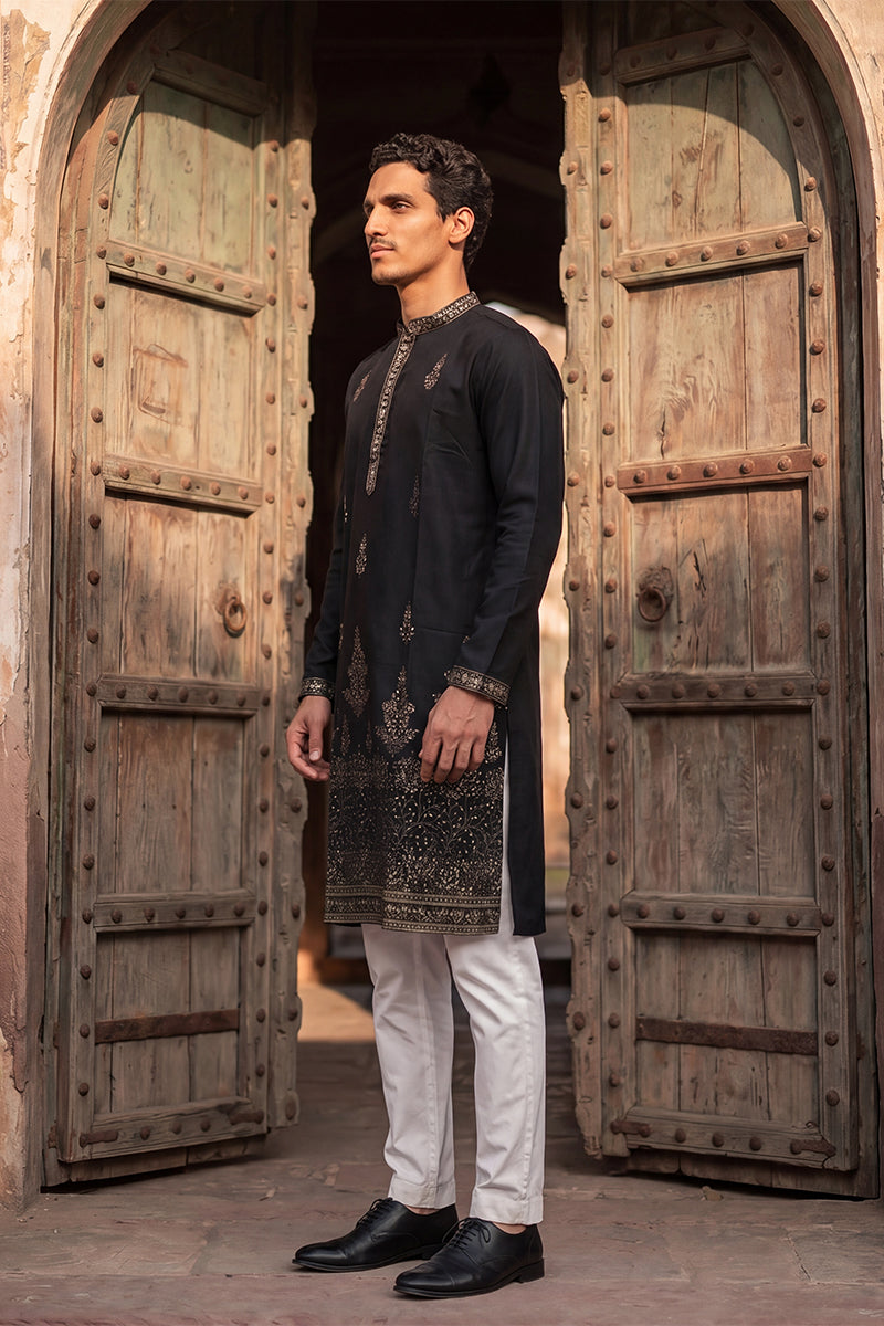 Black Silk Blend Embroidered Straight Kurta MKU2072