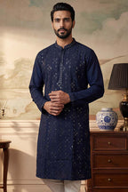 Blue Silk Blend Solid Embroidered Kurta MKU2075