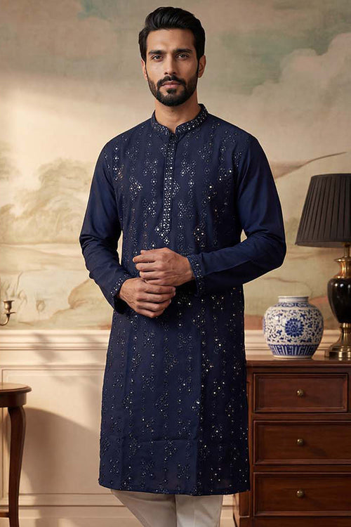 Blue Silk Blend Solid Embroidered Kurta MKU2075