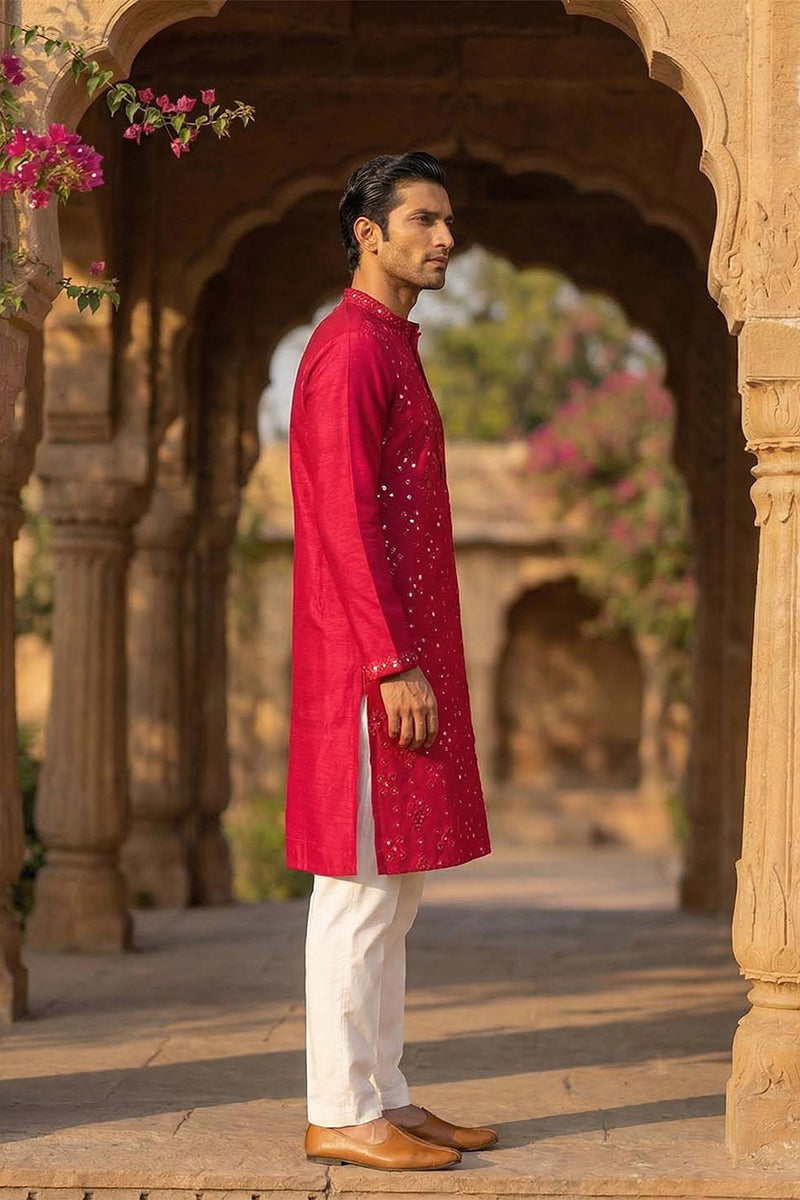 Pink Silk Blend Solid Embroidered Kurta MKU2076