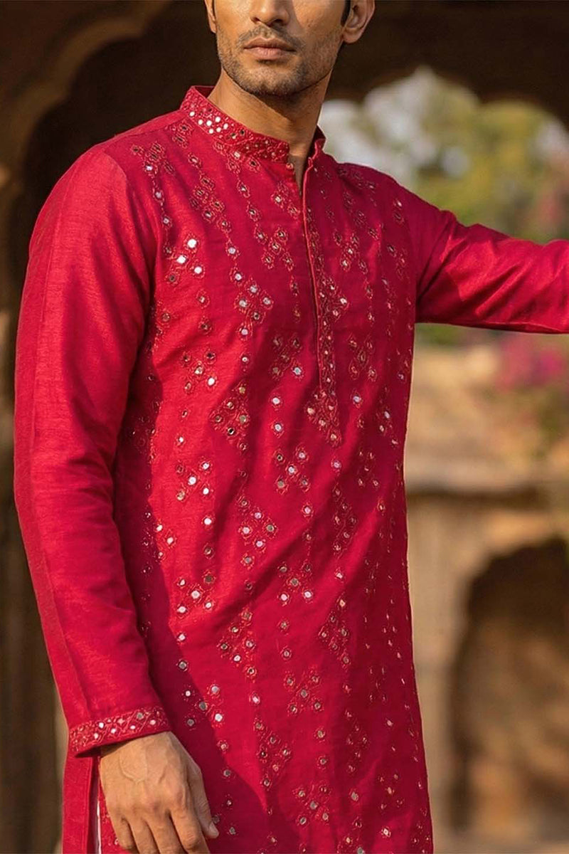 Pink Silk Blend Solid Embroidered Kurta MKU2076