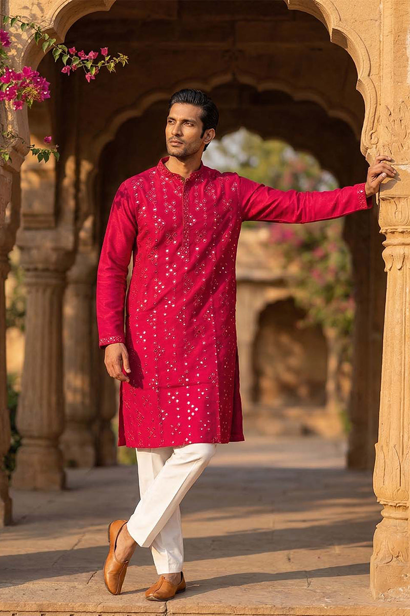 Pink Silk Blend Solid Embroidered Kurta MKU2076