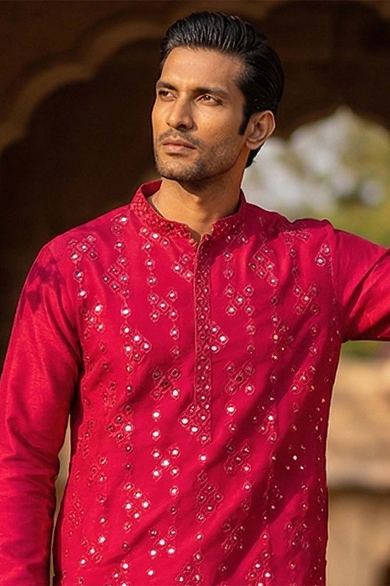 Pink Silk Blend Solid Embroidered Kurta MKU2076