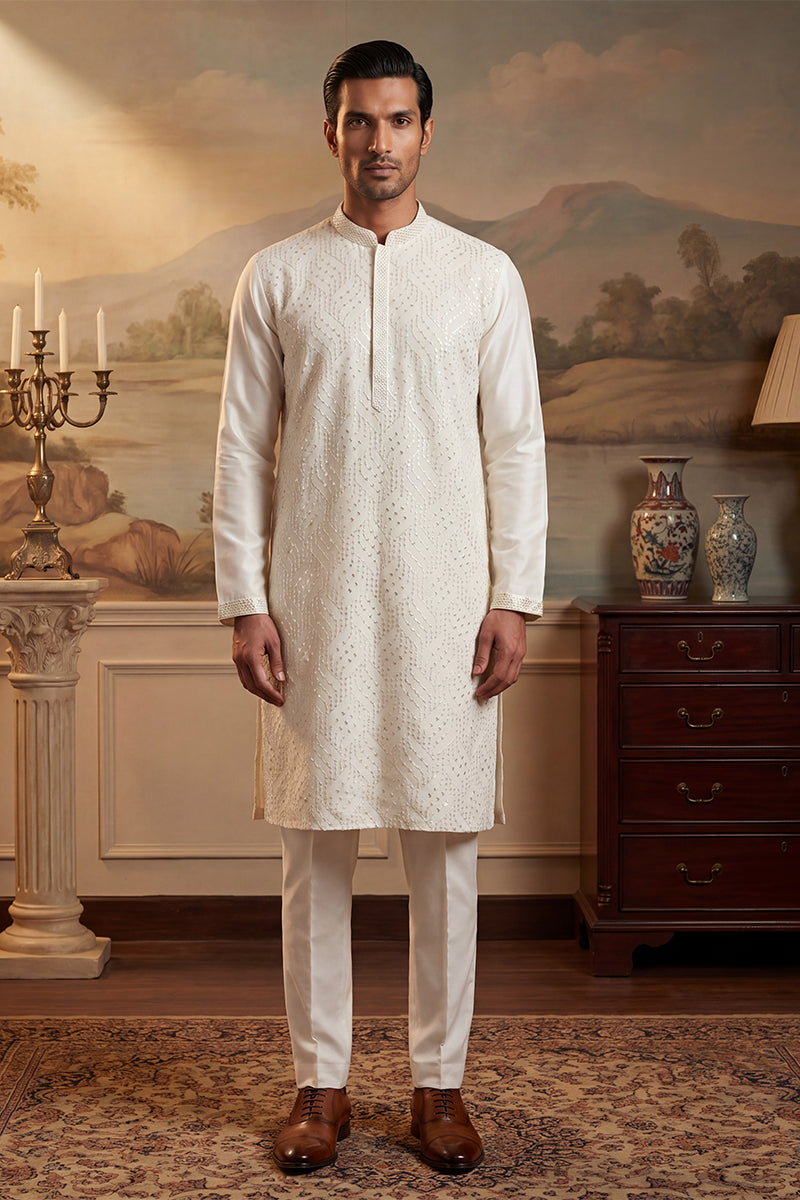 Off White Silk Blend Embroidered Straight Kurta Sets MKSET2082