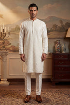 Off White Silk Blend Embroidered Straight Kurta Sets MKSET2082