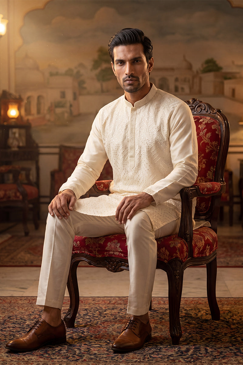 Off White Silk Blend Embroidered Straight Kurta MKU2082