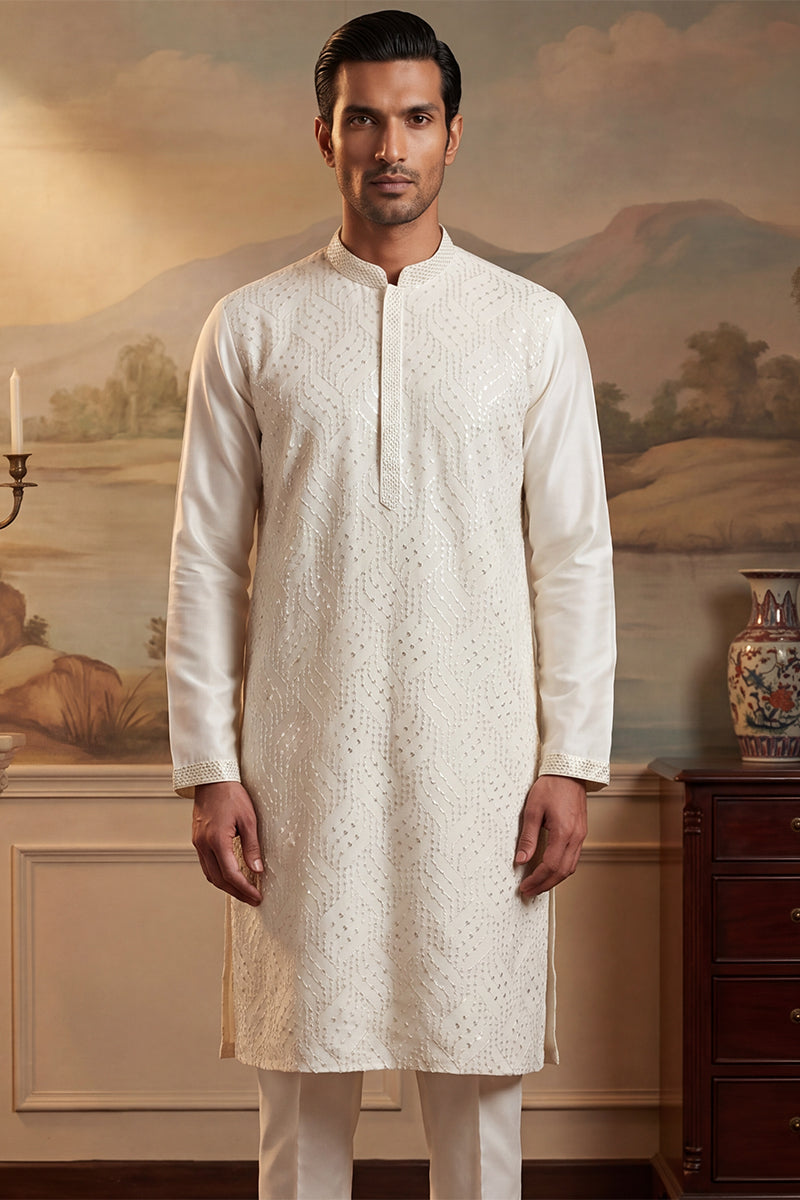 Off White Silk Blend Embroidered Straight Kurta MKU2082