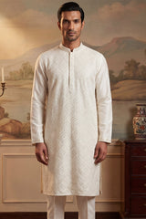 Off White Silk Blend Embroidered Straight Kurta Sets MKSET2082
