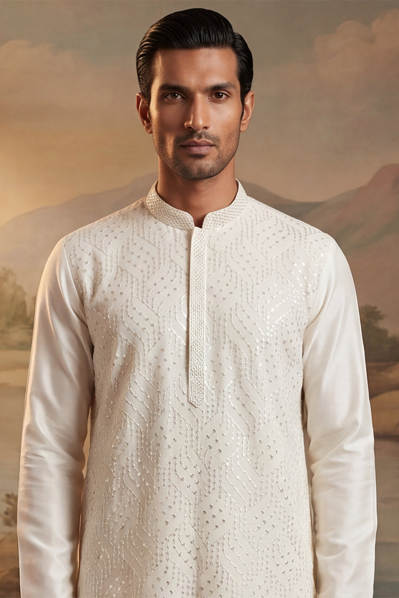 Off White Silk Blend Embroidered Straight Kurta MKU2082