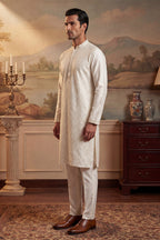Off White Silk Blend Embroidered Straight Kurta Sets MKSET2082