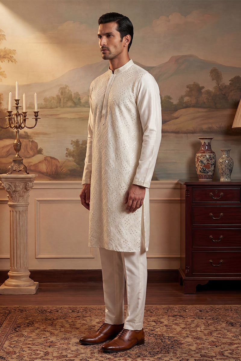 Off White Silk Blend Embroidered Straight Kurta Sets MKSET2082