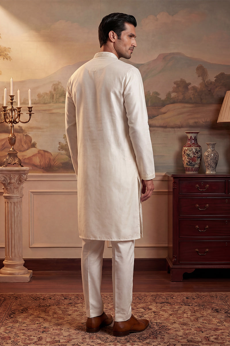 Off White Silk Blend Embroidered Straight Kurta MKU2082